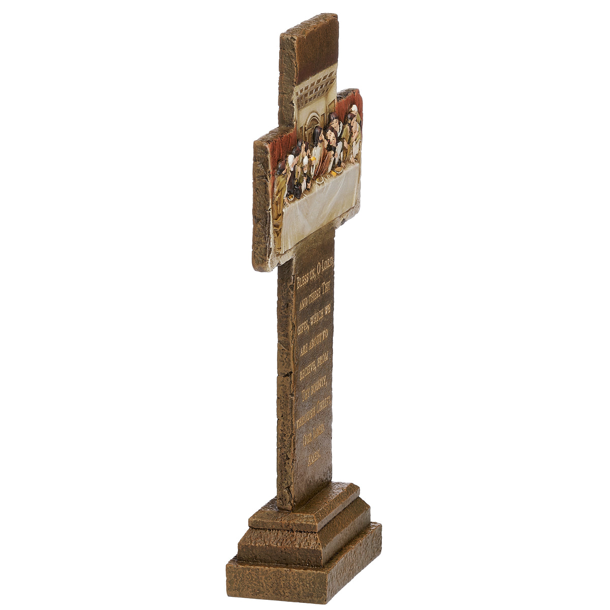 Side view of Joseph's Studio Last Supper Tabletop Cross showing the narrow cross profile, raised Last Supper relief, and pedestal base