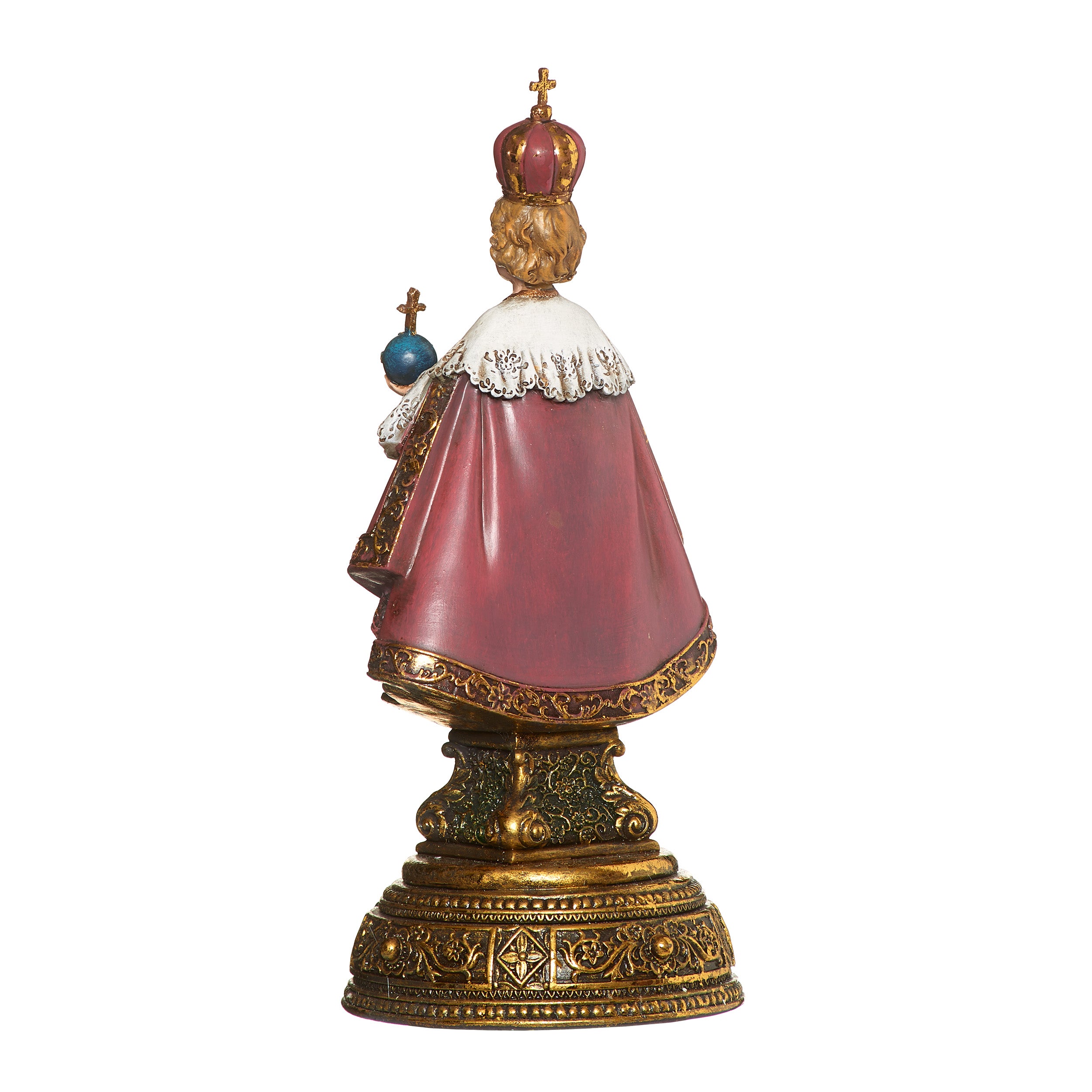 Decorative figurine with a red cape and crown on a white background