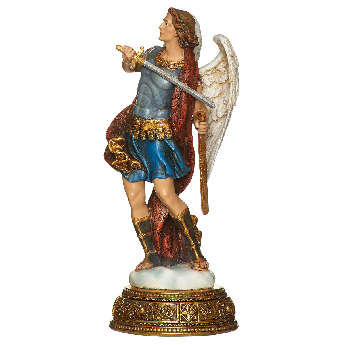 Side view of Joseph’s Studio St. Michael Figure showing the raised sword, blue armor, layered garments, and large feathered wing