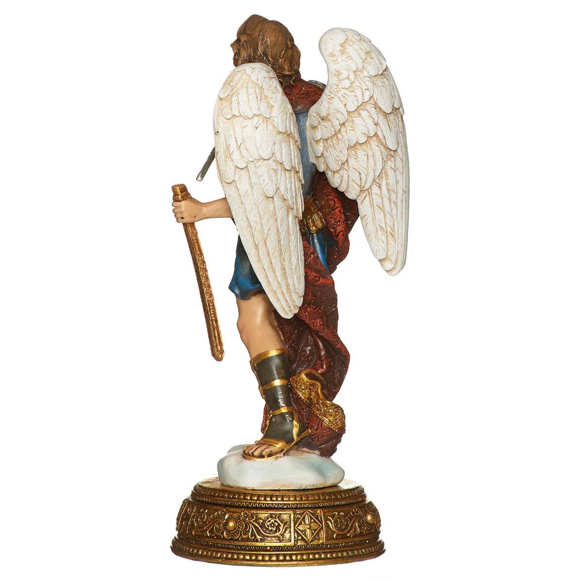 Back view of Joseph’s Studio St. Michael Figure showing the large white feathered wings, red cloak, sword, and ornate pedestal