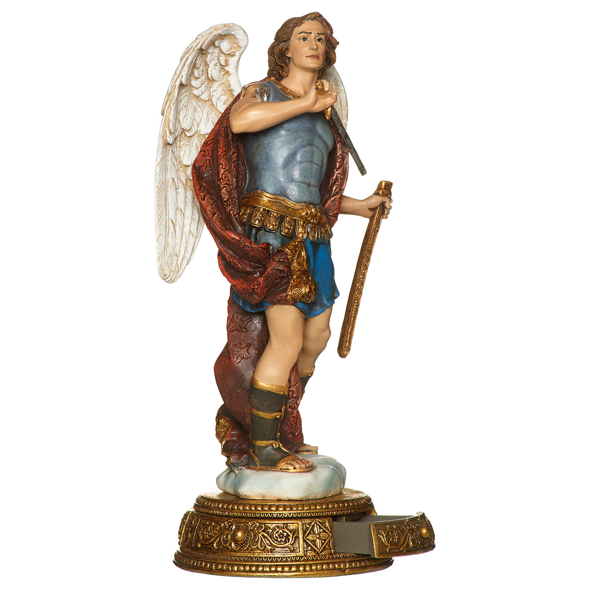 Front angled view of Joseph’s Studio St. Michael Figure showing the blue armor, sword, red draped cloak, feathered wings, and decorative base
