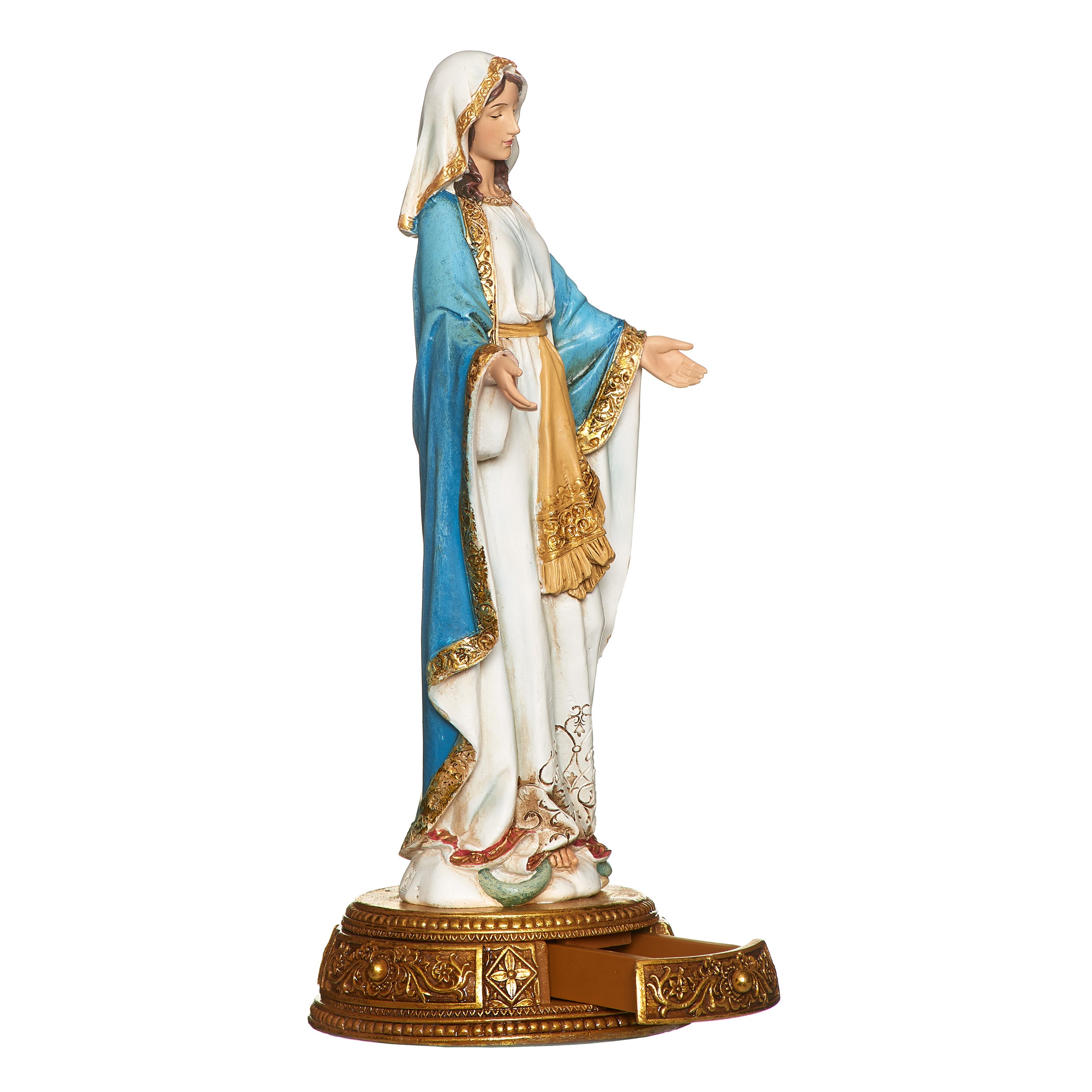 Statue of a woman in a blue and gold robe on a white background