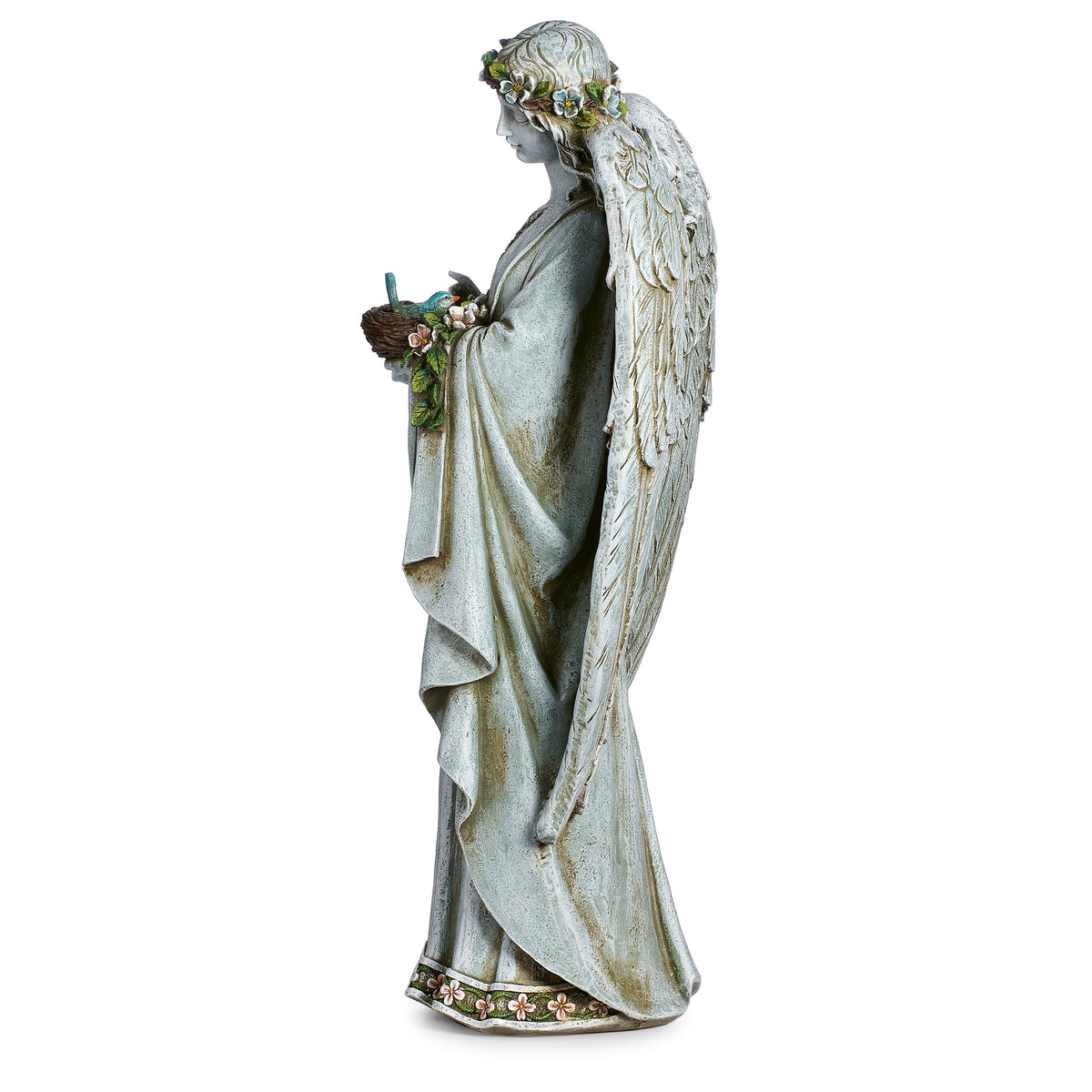 Side view of Joseph's Studio Angel Holding Nest Garden Statue showing the nest, bowed head, flowing robe, and large feathered wing