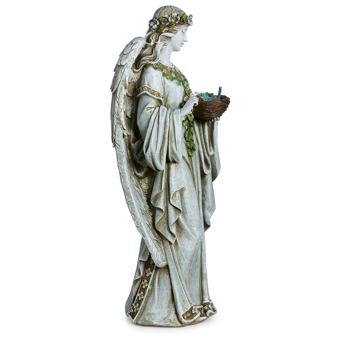 Opposite side view of Joseph's Studio Angel Holding Nest Garden Statue showing the angel looking down at the nest with floral details along her robe