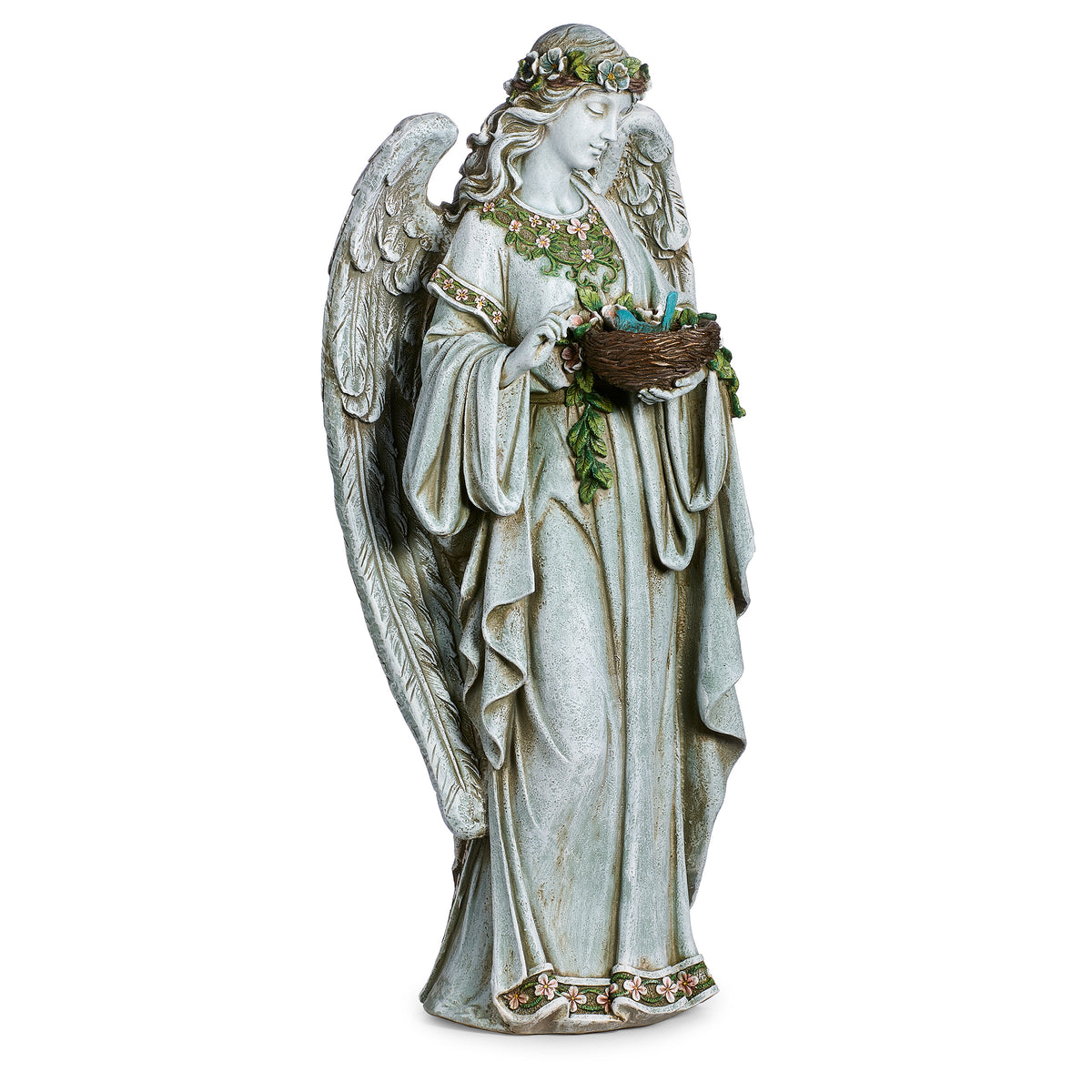 Rear angled view of Joseph's Studio Angel Holding Nest Garden Statue showing the feathered wings, flowing gown, and floral crown