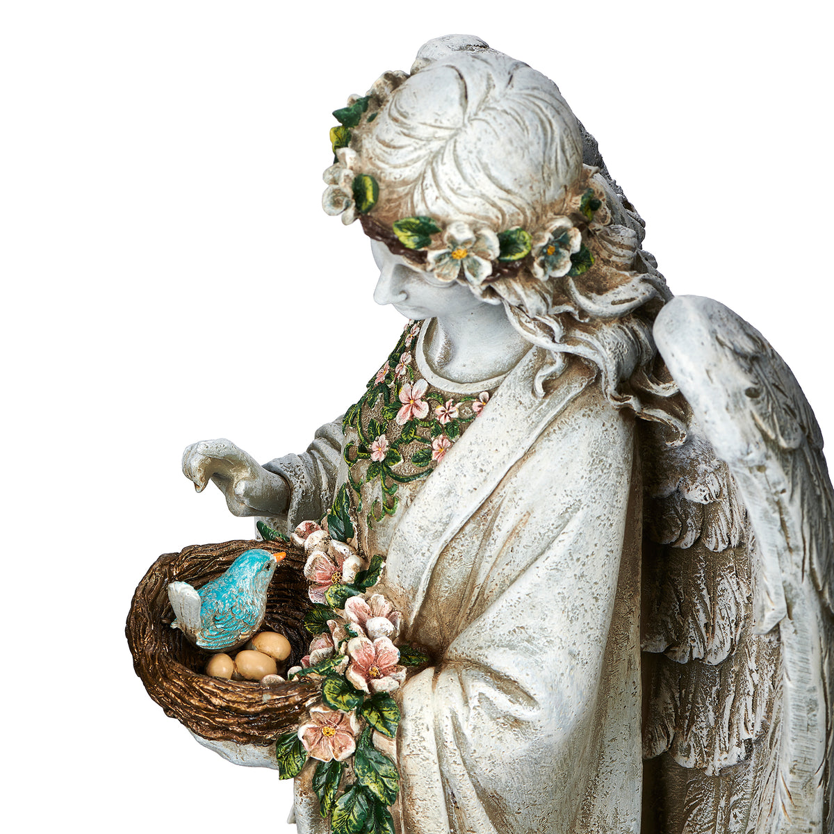 Close-up of Joseph's Studio Angel Holding Nest Garden Statue showing the angel's floral crown and bird's nest cradled in her hands