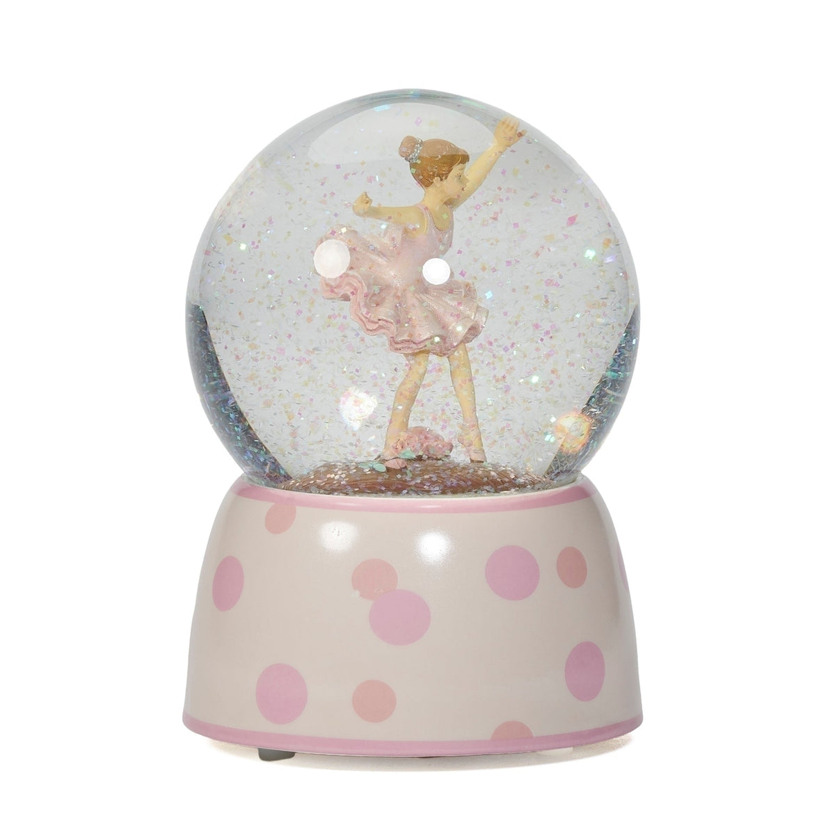 Rear angled view of Glitterdome Musical Dancing Ballerina showing the dancer from behind inside the globe and the pink polka dot base