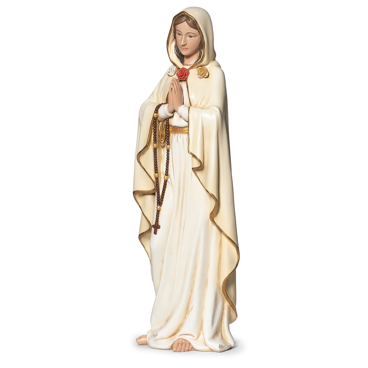 Three-quarter view of Mystical Rose Madonna religious figure