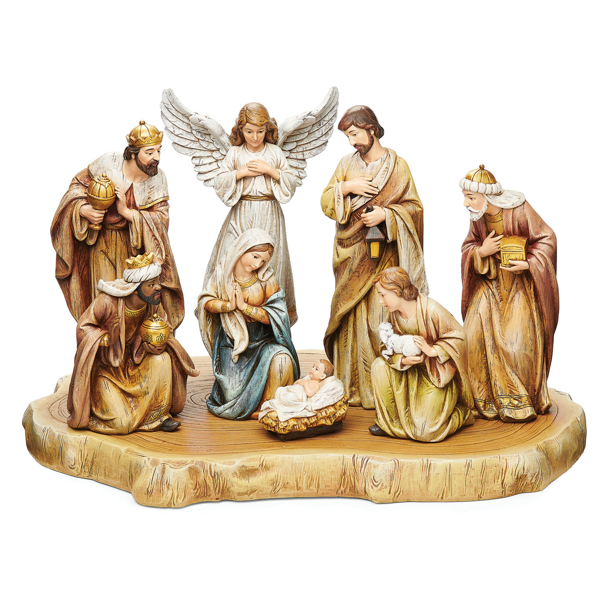 Front view of Joseph's Studio Nativity Set with Faux Wood Base showing the full group of hand-painted figures gathered around the infant Jesus