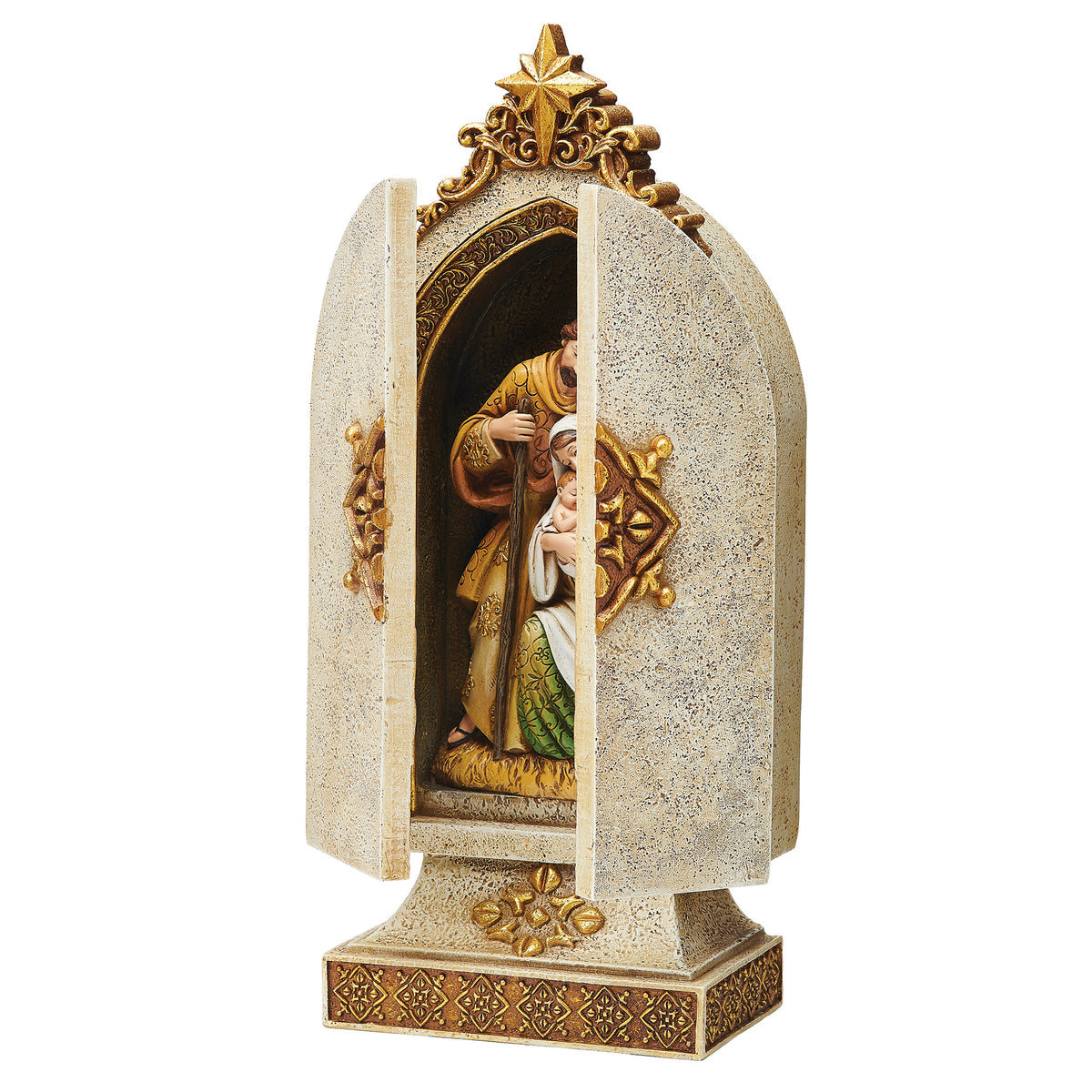 Side angled view of Joseph's Studio Holy Family Triptych showing the Holy Family inside the arched shrine with one decorative panel partially closed