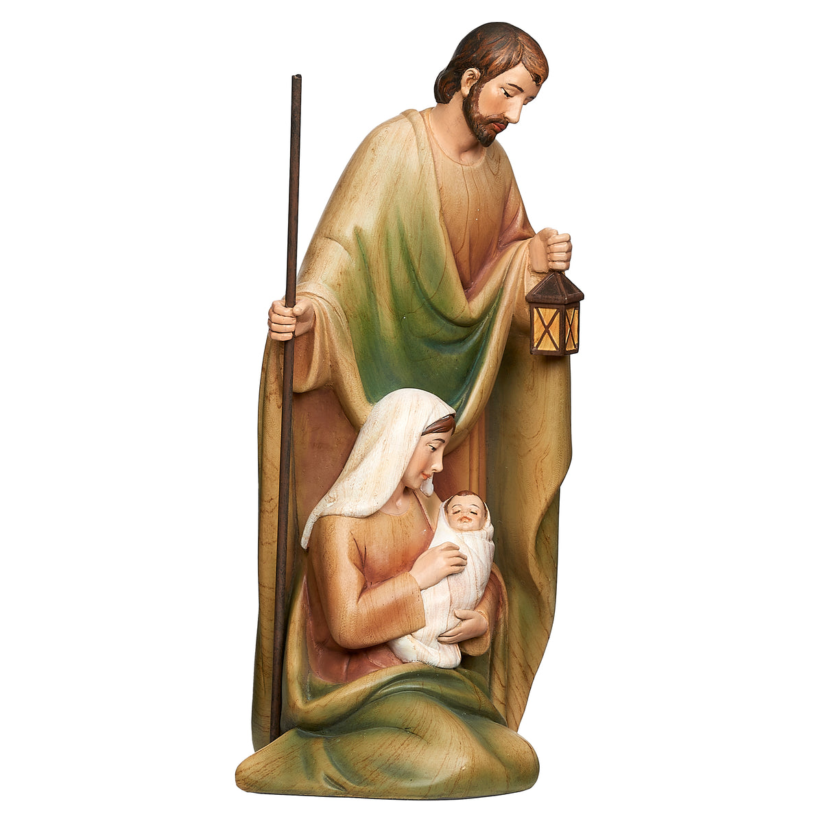 Opposite side view of Joseph’s Studio Stained Wood Holy Family Figure showing Joseph looking down toward Mary and baby Jesus