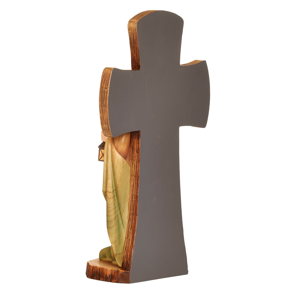 Back view of Joseph’s Studio Stained Wood Cross with Holy Family Figure showing the plain dark reverse of the cross