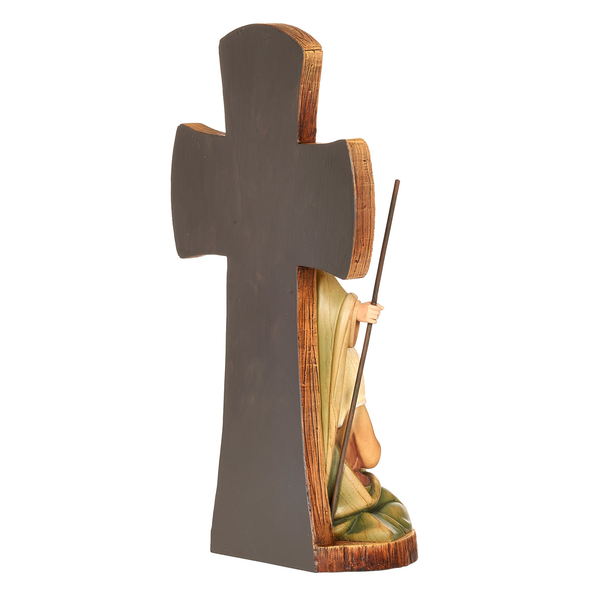 Rear angled view of Joseph’s Studio Stained Wood Cross with Holy Family Figure showing the back of the cross with the Holy Family visible along the side