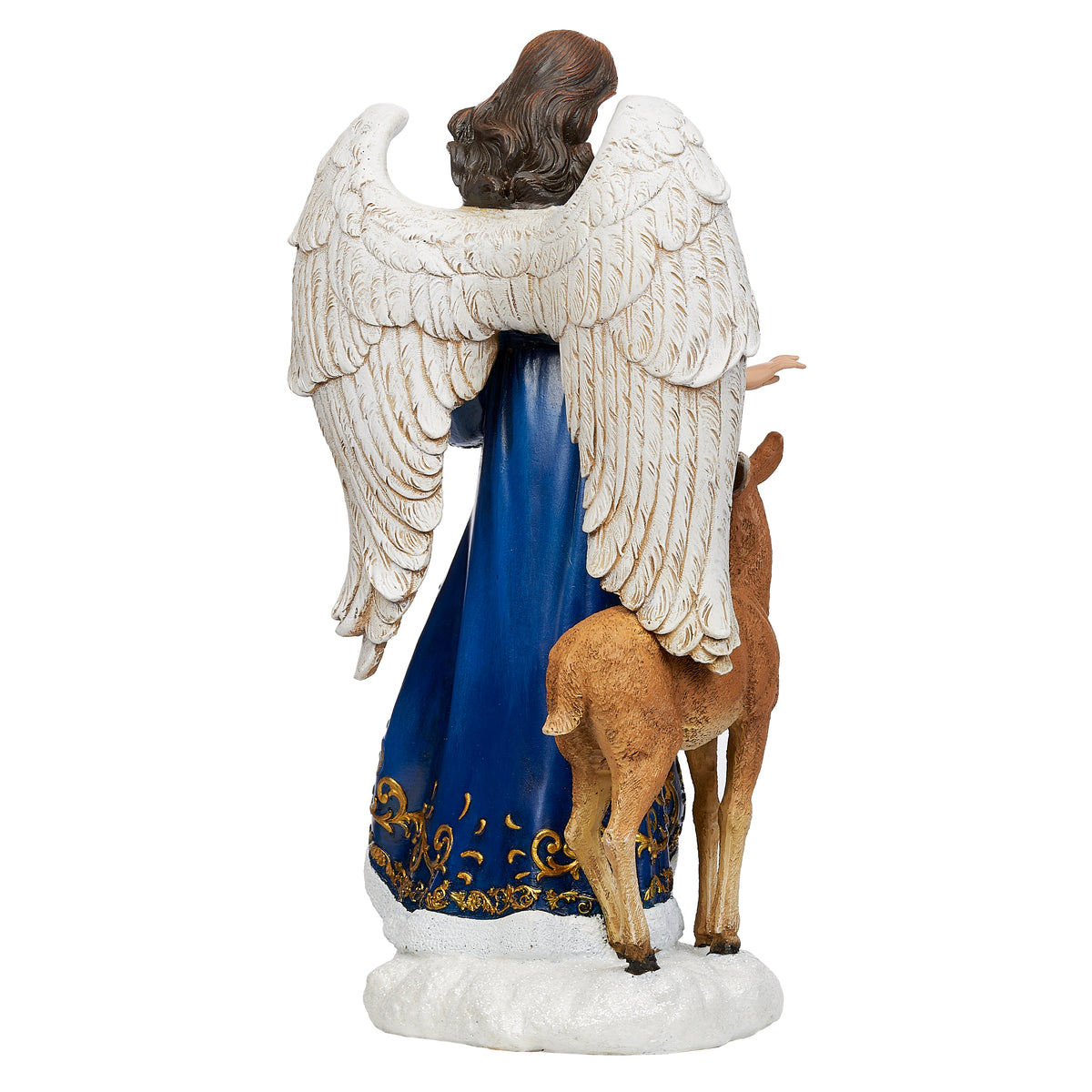 Back view of Joseph's Studio Blue and Gold Angel with Deer and Wreath showing the large white feathered wings, flowing robes, and deer at her side