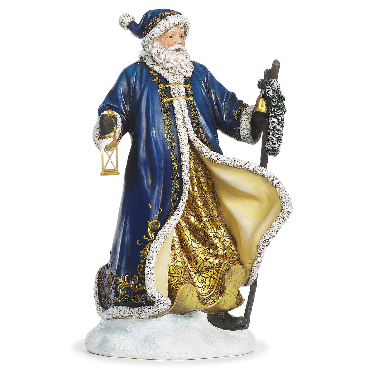 Opposite front angled view of Joseph's Studio Lighted Blue and Gold Santa highlighting the wreath, gold robe, blue coat, and snowy base