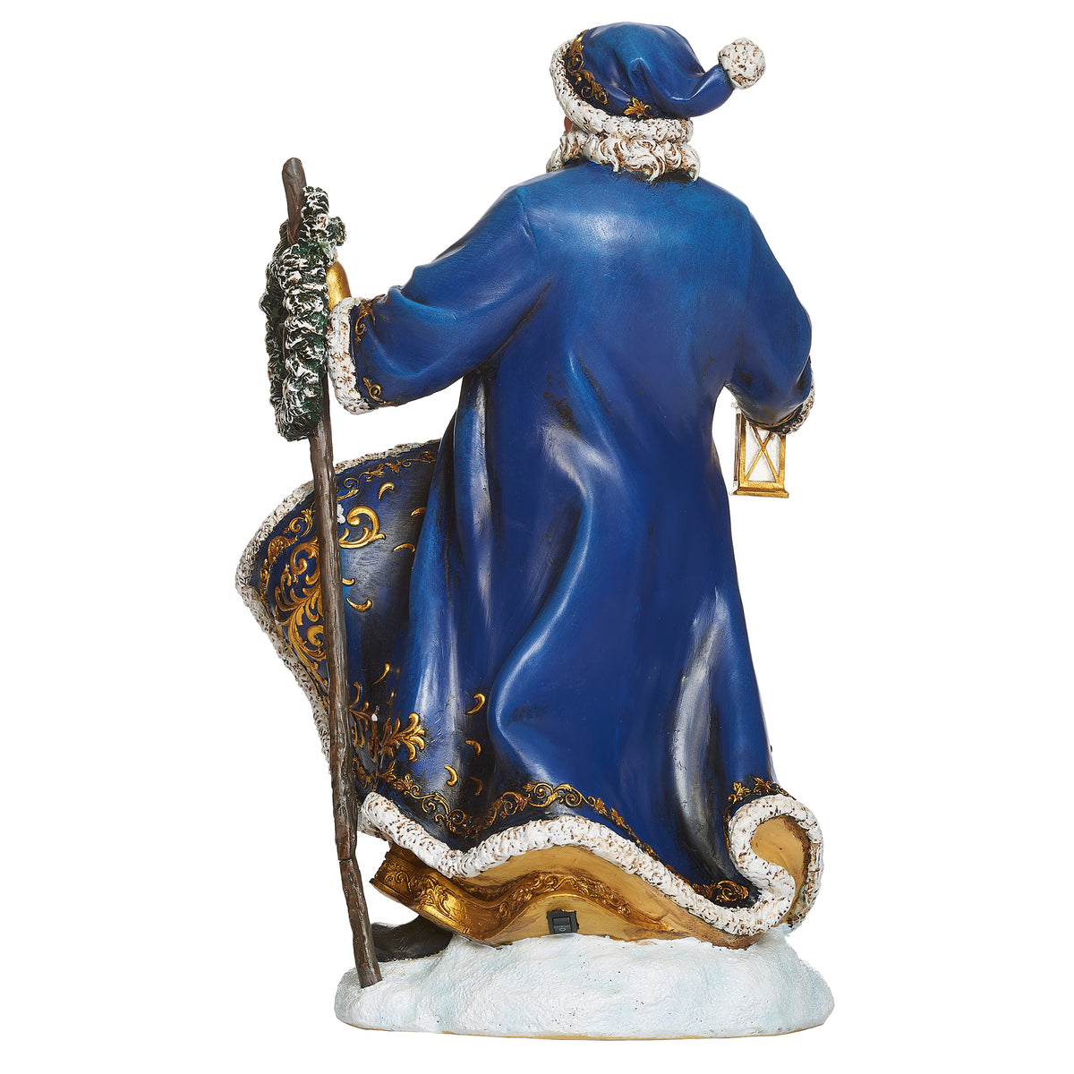 Back view of Joseph's Studio Lighted Blue and Gold Santa showing the long blue coat with white fur trim and sculpted garment folds