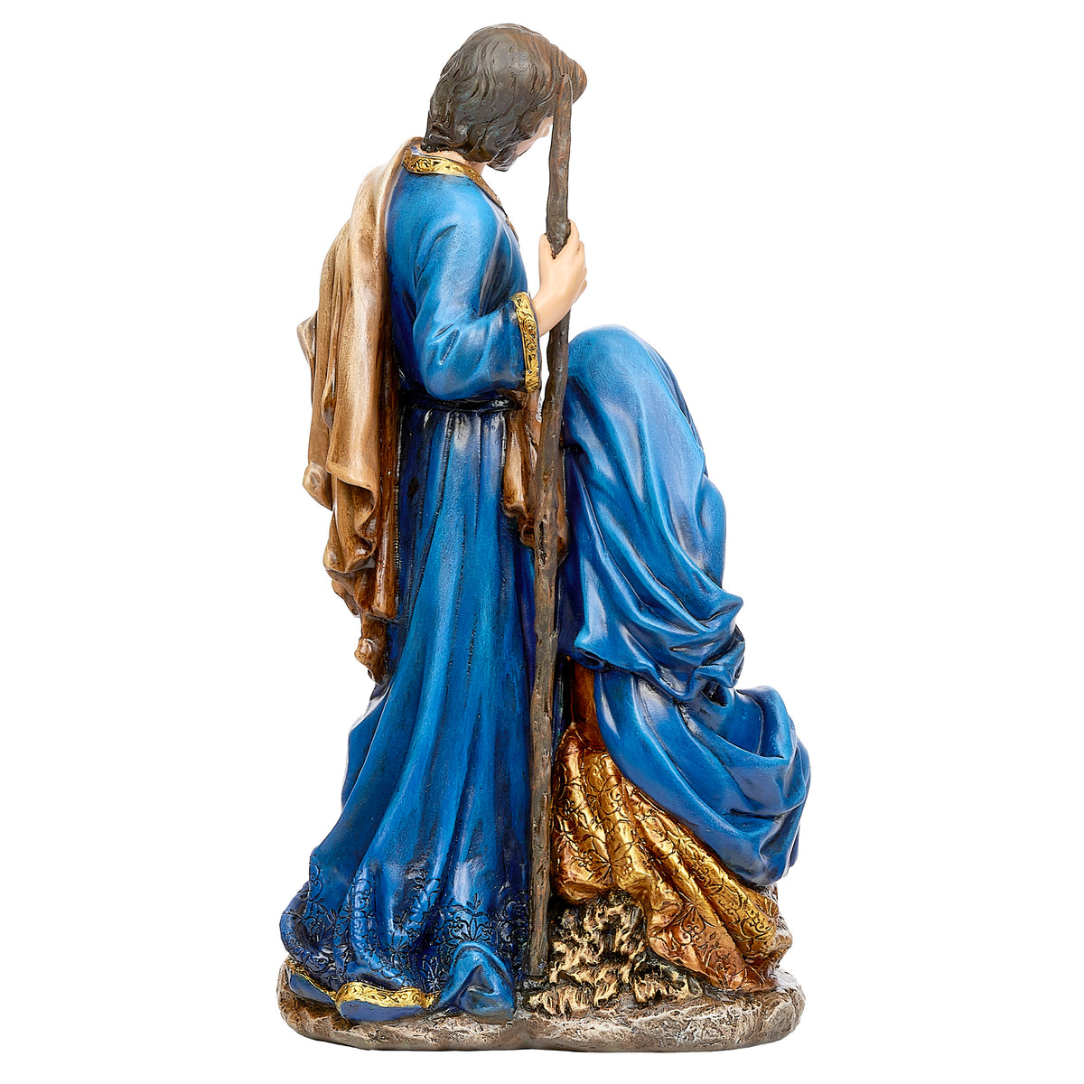 Back view of Joseph's Studio Graceful Holy Family Figure showing Mary's flowing blue mantle and the layered robes of Joseph