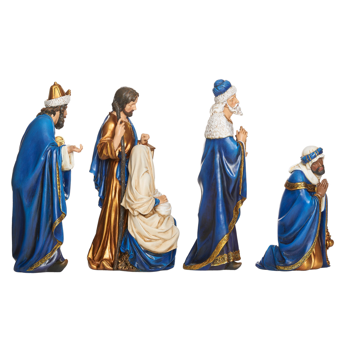 Opposite angled view of Joseph's Studio Nativity Set highlighting the Holy Family and angel with detailed blue and gold painted finishes