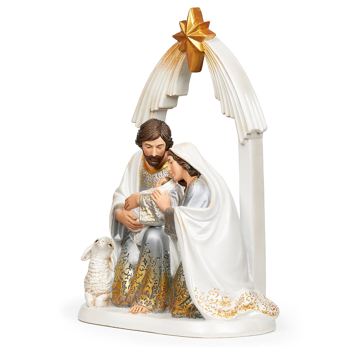 Front angled view of Joseph’s Studio Holy Family Figurine showing the seated Holy Family beneath the gold-accented arch