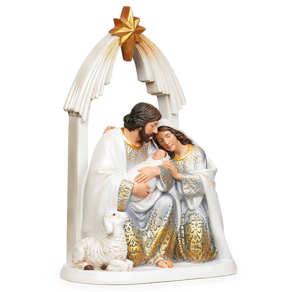 Opposite front angled view of Joseph’s Studio Holy Family Figurine highlighting Mary, Joseph, baby Jesus, and the star-topped arch