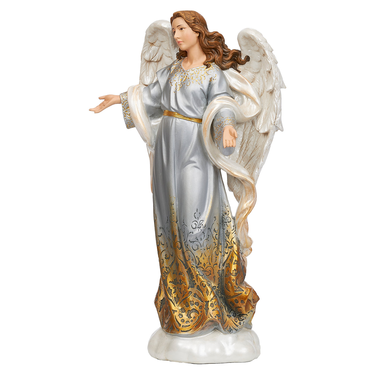 Front angled view of Joseph's Studio Gold Ombre Angel showing the welcoming open-arm pose, white wings, and gold-accented blue gown