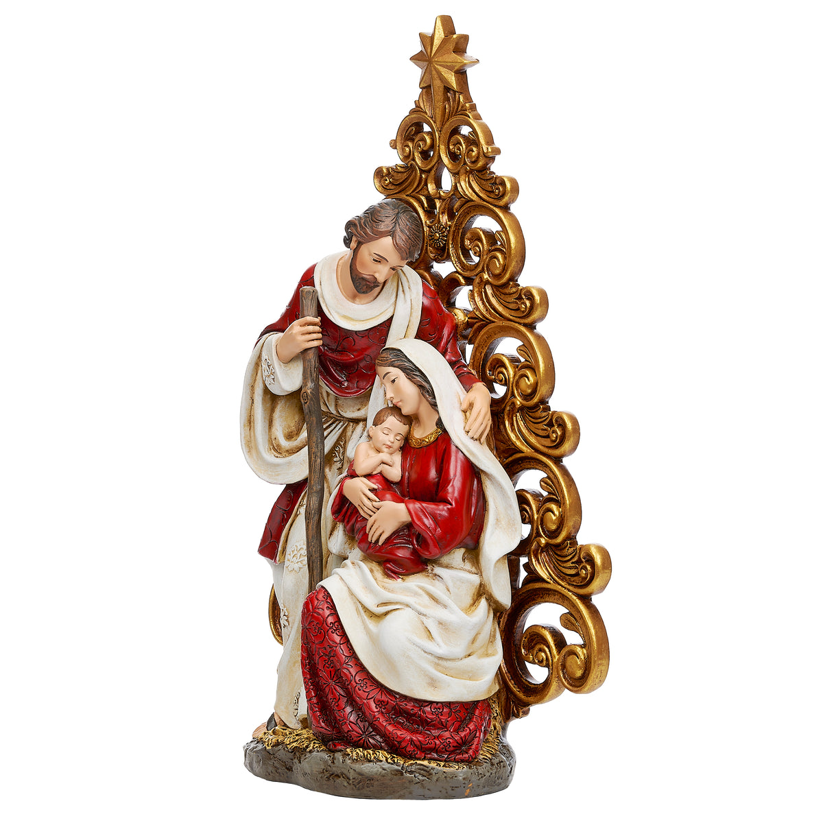 Side view of Joseph's Studio Holy Family with Gold Tree figure showing the Holy Family beside the sculpted gold filigree tree