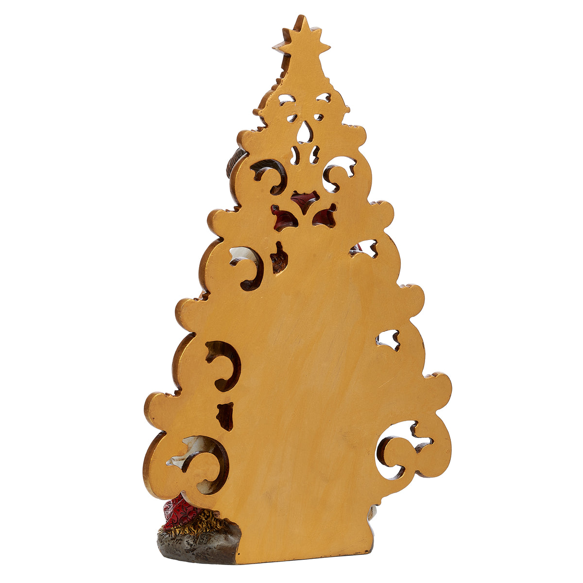 Back view of Joseph's Studio Holy Family with Gold Tree figure showing the solid gold-tone reverse of the filigree tree