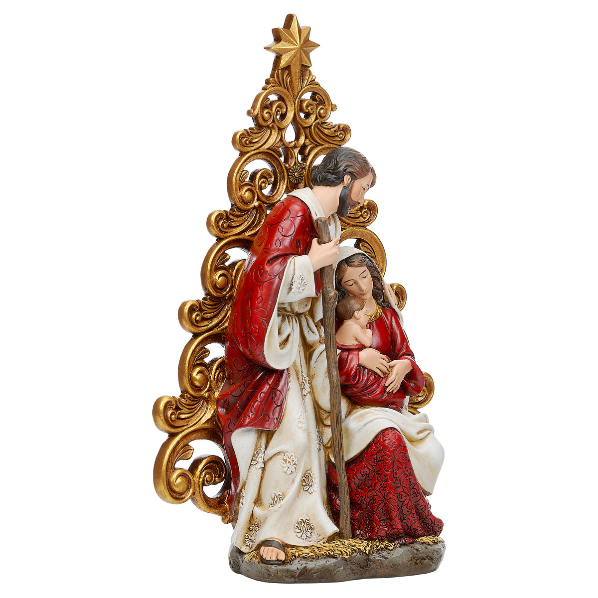 Opposite side view of Joseph's Studio Holy Family with Gold Tree figure showing Mary, Joseph, baby Jesus, and the decorative gold tree frame