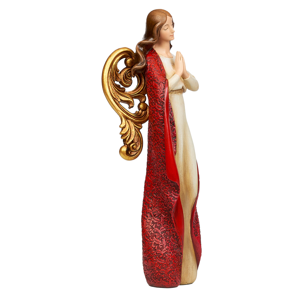 Opposite side view of Joseph's Studio Praying Angel showing the folded hands, red and ivory robes, and gold wing details