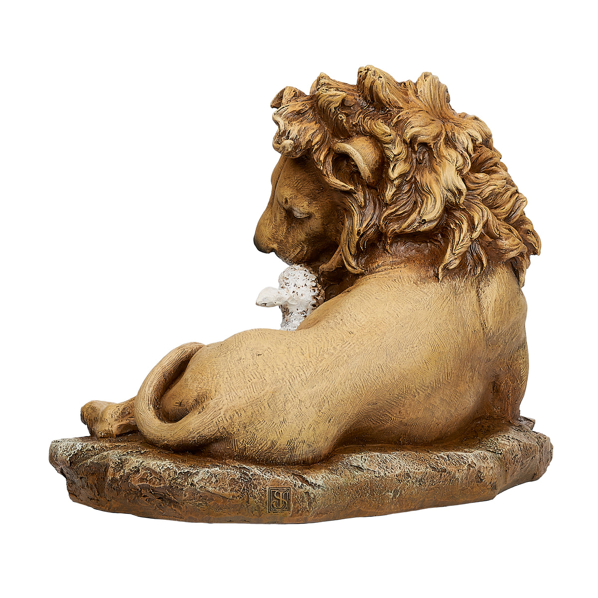 Side view of Joseph's Studio Lion & Lamb on a Rock Statue showing the reclining lion, detailed mane, and textured rock base