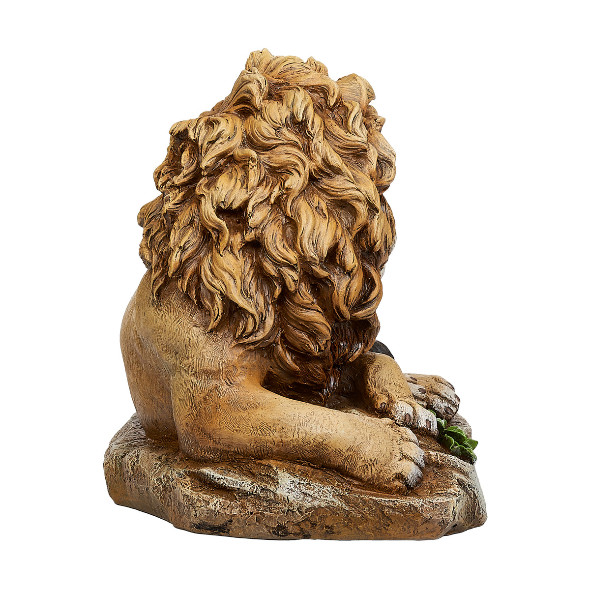 Front angled view of Joseph's Studio Lion & Lamb on a Rock Statue highlighting the lion's detailed mane and the lamb resting close beside it