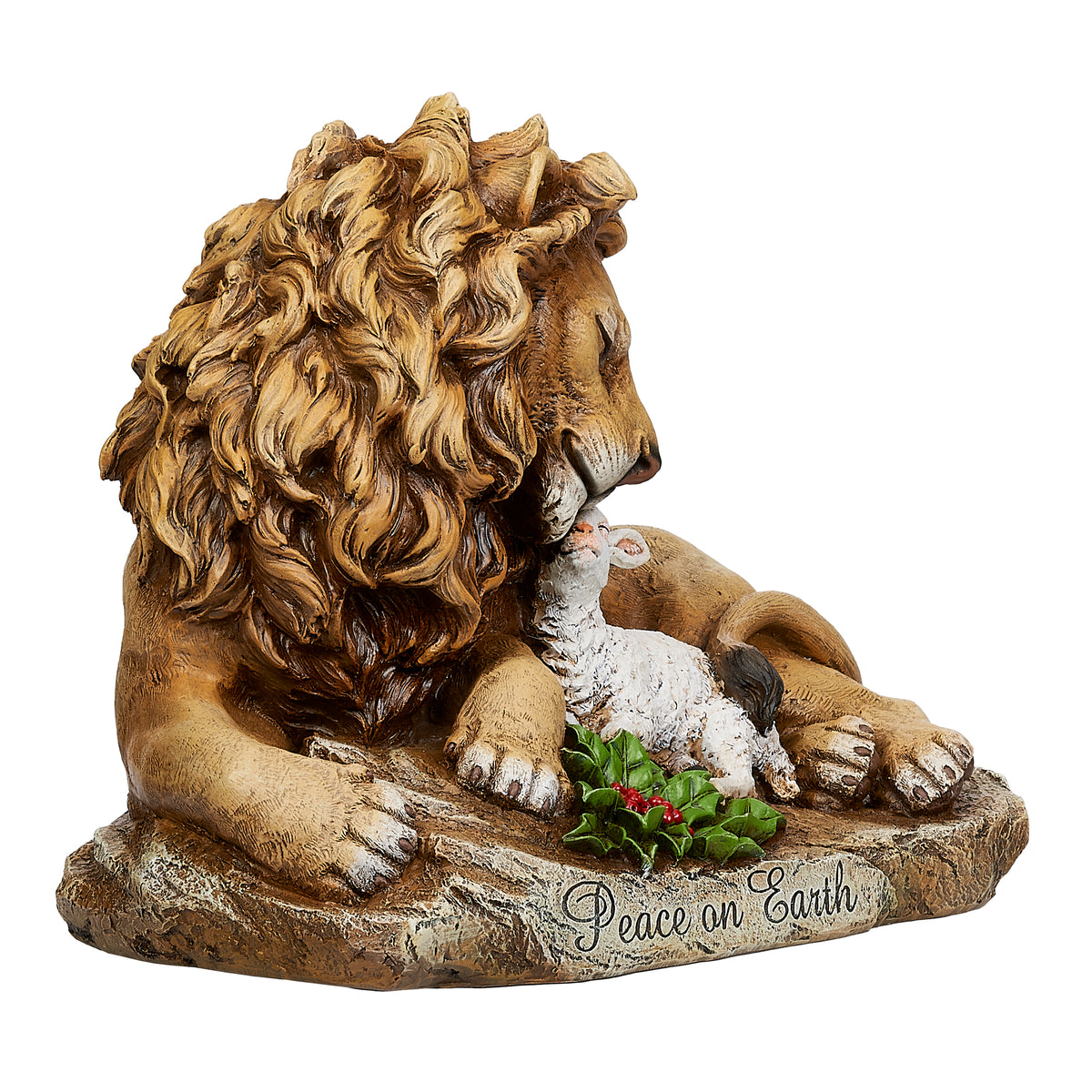 Opposite front angled view of Joseph's Studio Lion & Lamb on a Rock Statue showing the lion and lamb together with greenery and rock details