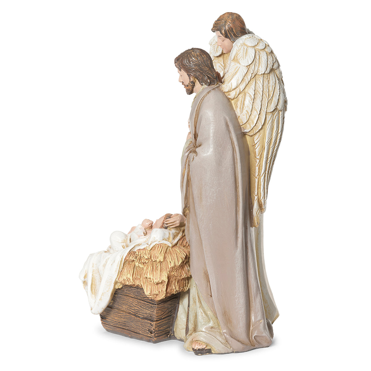 Side view of Joseph's Studio Holy Family with Praying Angel Figure showing the angel standing behind the Holy Family and baby Jesus