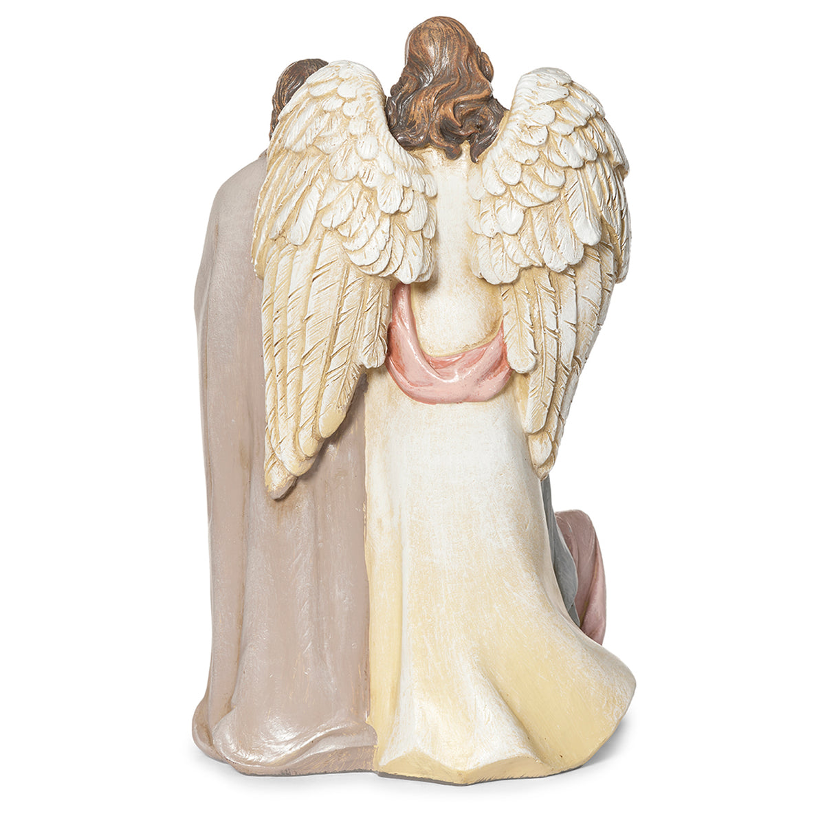 Back view of Joseph's Studio Holy Family with Praying Angel Figure showing the angel's large feathered wings and the flowing robes of the figures