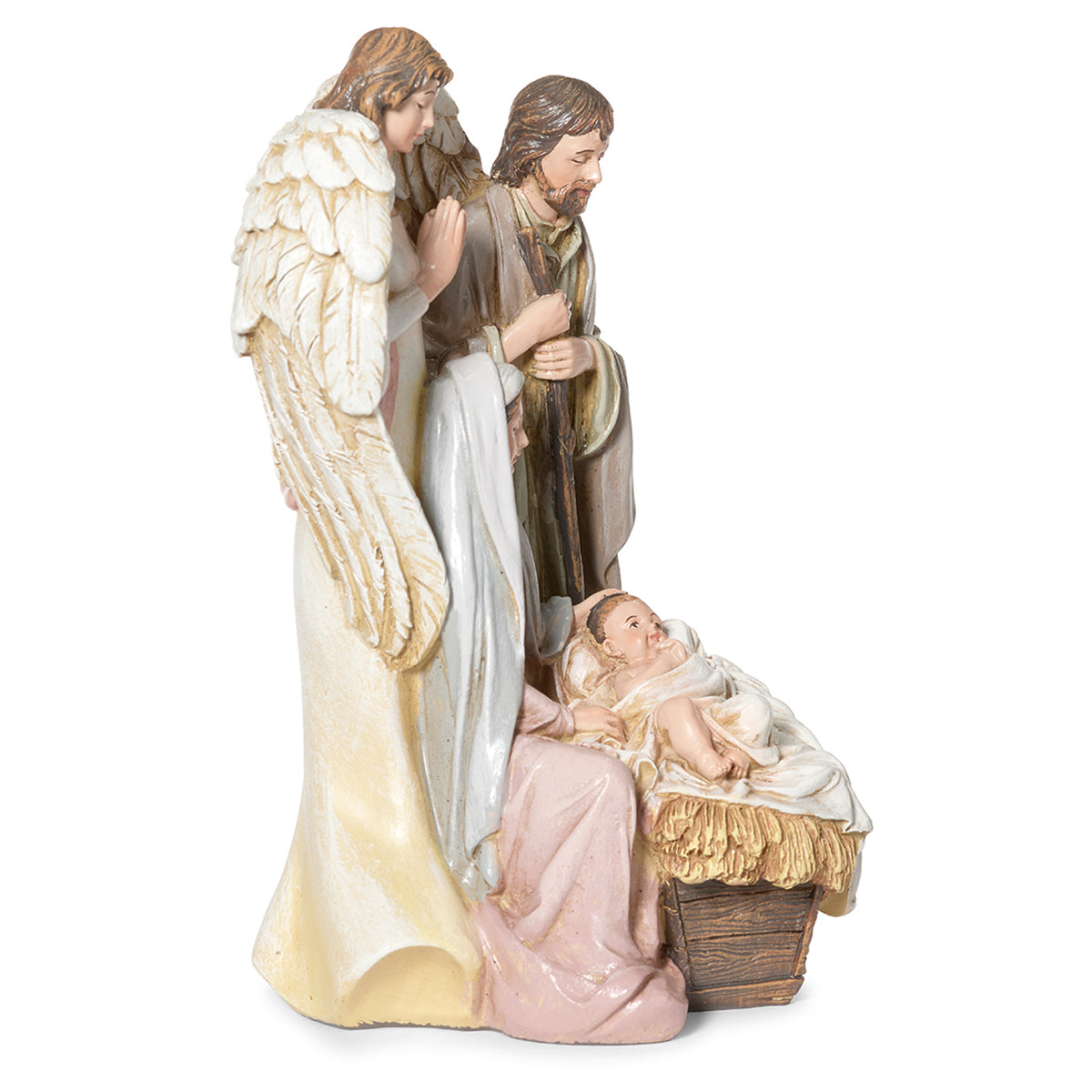 Front angled view of Joseph's Studio Holy Family with Praying Angel Figure showing Mary, Joseph, baby Jesus, and the praying angel behind them