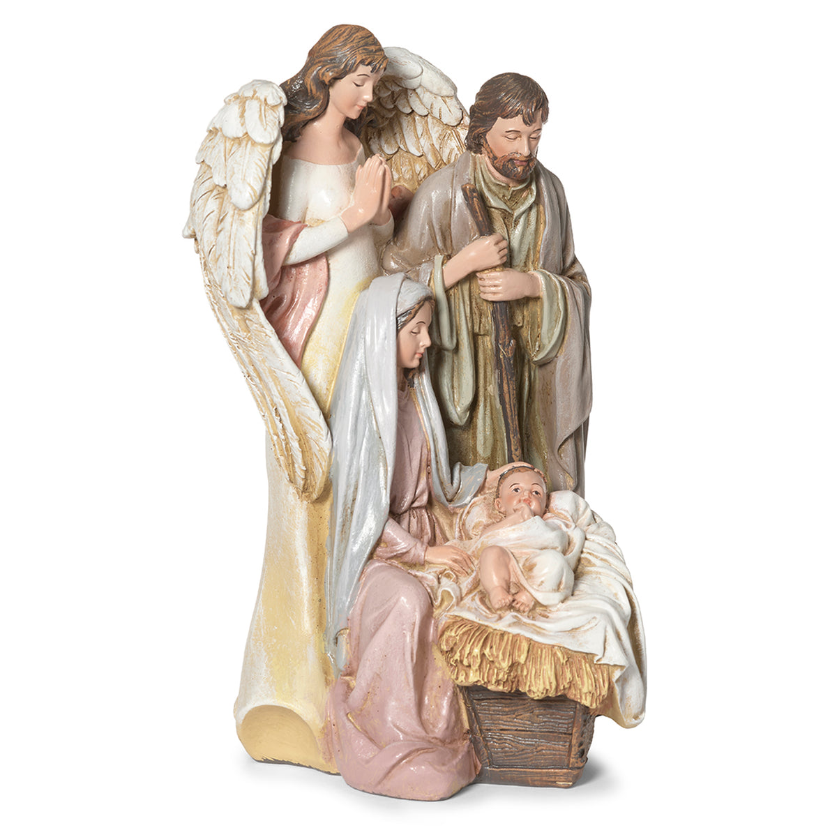 Opposite front angled view of Joseph's Studio Holy Family with Praying Angel Figure highlighting the Holy Family and protective angel with detailed wings