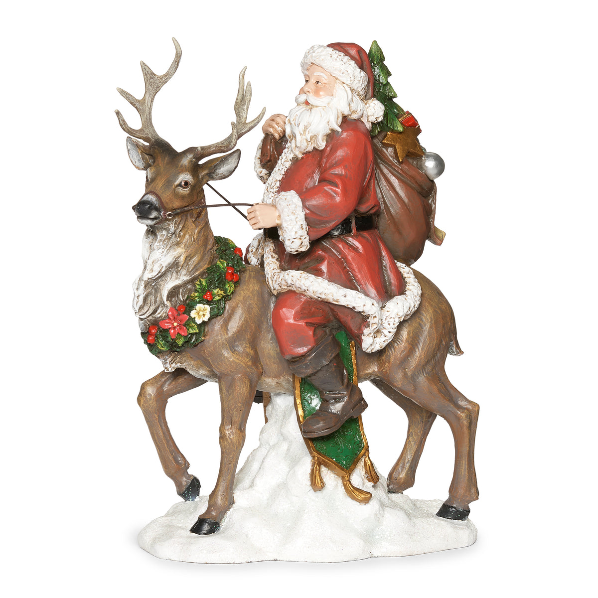 Front angled view of Joseph's Studio Santa Riding Deer Figure showing Santa holding the reins as the deer steps forward with a festive wreath around its neck