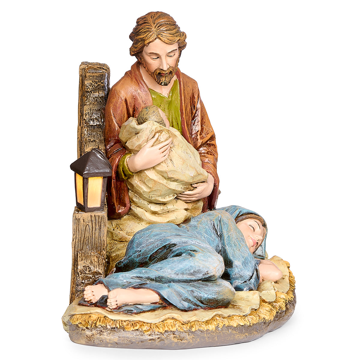 Front view of Joseph's Studio Lighted Sleeping Mary Holy Family Figure showing Joseph holding the infant Jesus with Mary peacefully reclining at his side