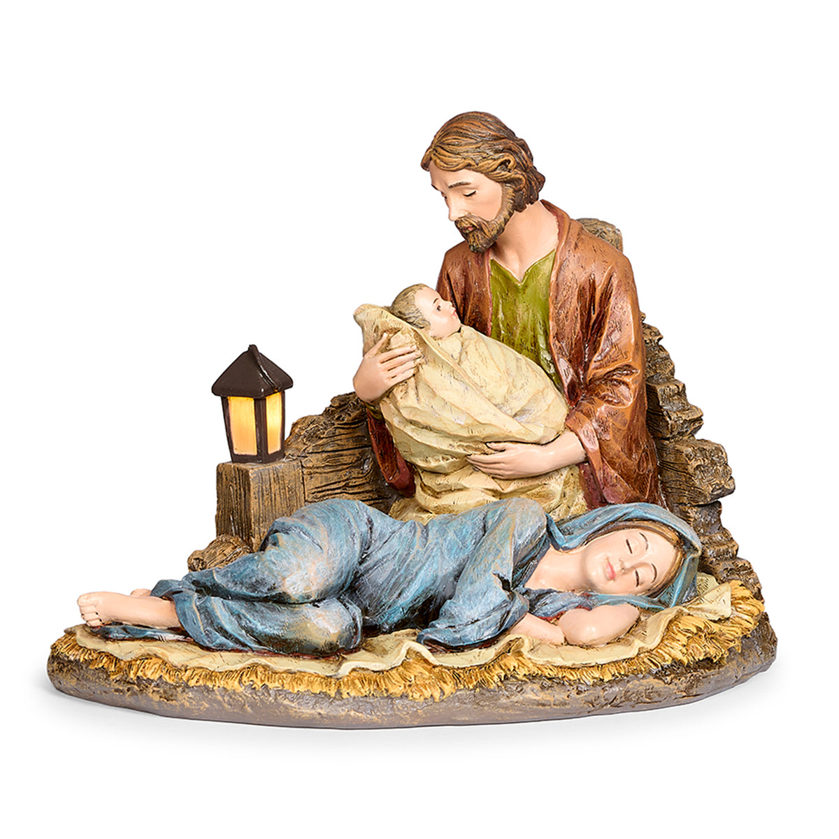 Alternate front angled view of Joseph's Studio Lighted Sleeping Mary Holy Family Figure highlighting the Holy Family, resting Mary, and lantern detail