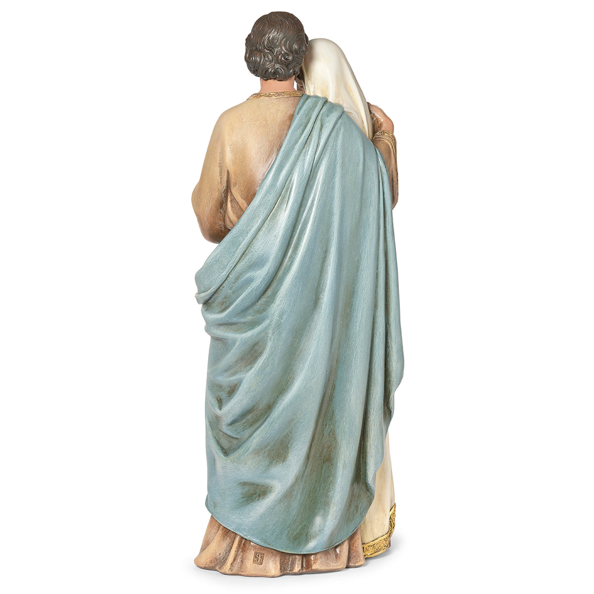 Back view of Joseph's Studio Joseph Kissing Mary Figure showing Joseph's flowing blue cloak and the sculpted folds of the garments
