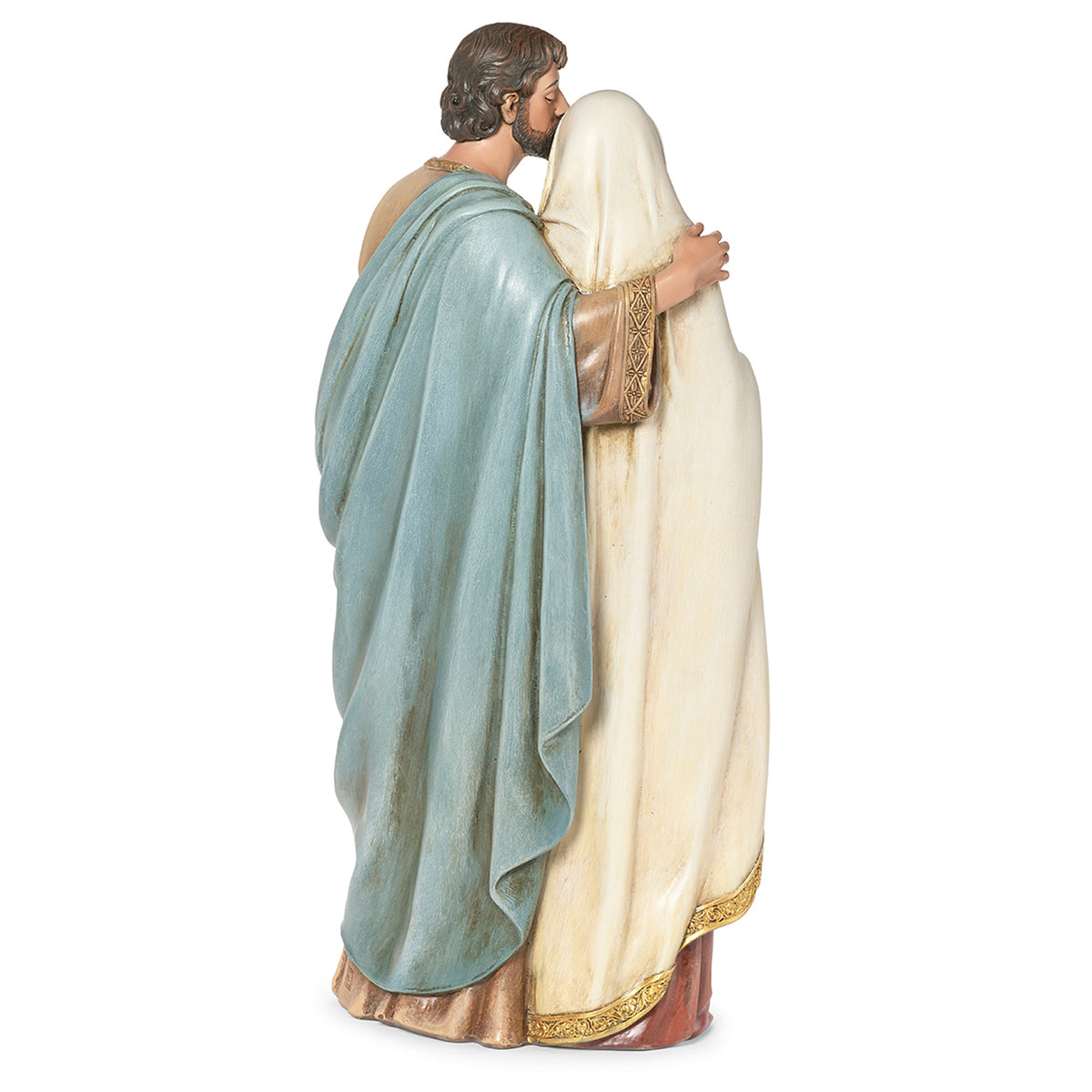 Rear angled view of Joseph's Studio Joseph Kissing Mary Figure showing Joseph's blue cloak and Mary's ivory mantle