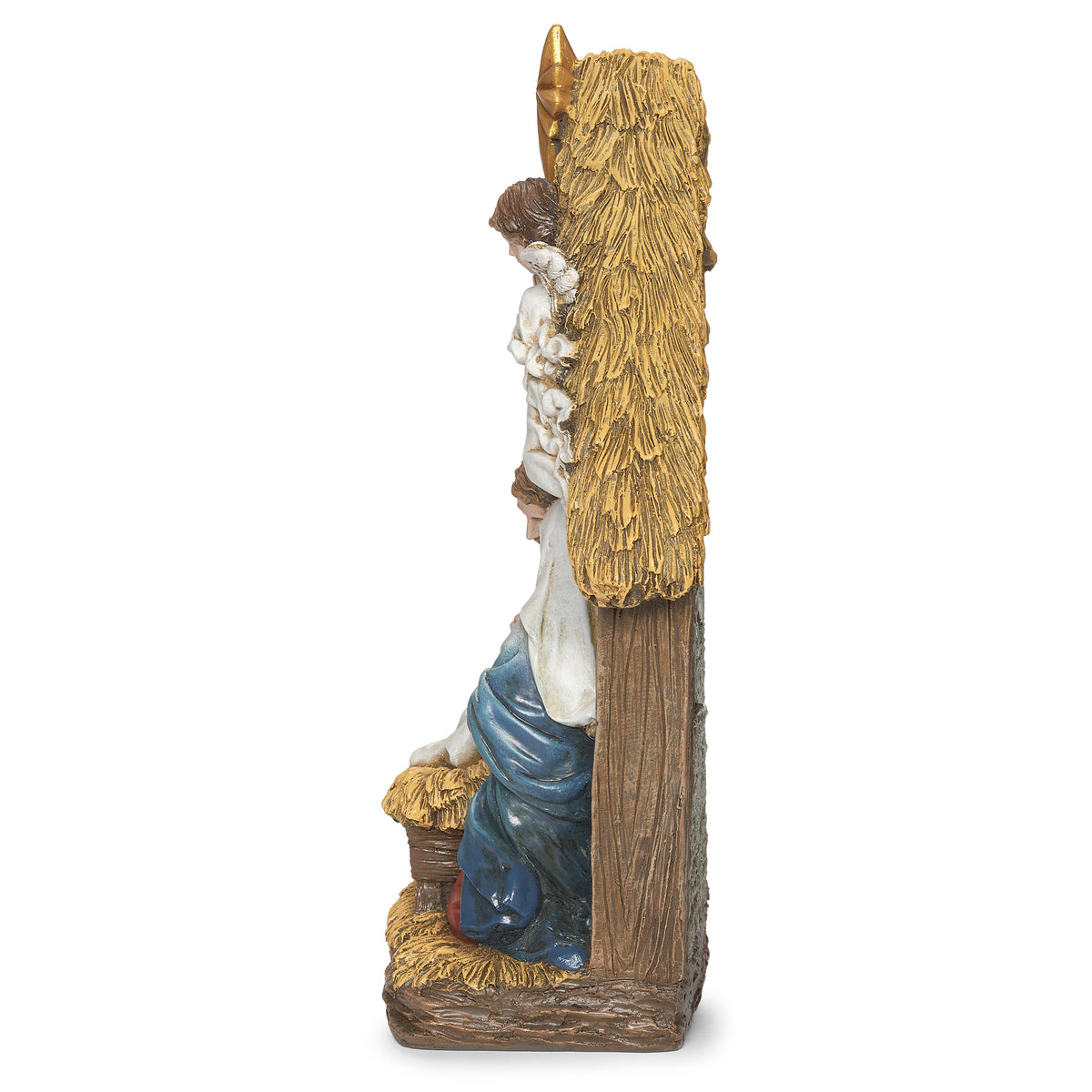 Side view of Joseph's Studio Holy Family Nativity with Angel Figure showing the narrow stable profile, roof texture, and layered figures