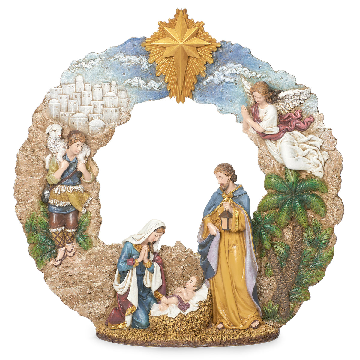Front view of Joseph's Studio Lighted Nativity Wreath showing the Holy Family centered within the circular Nativity scene beneath the gold star