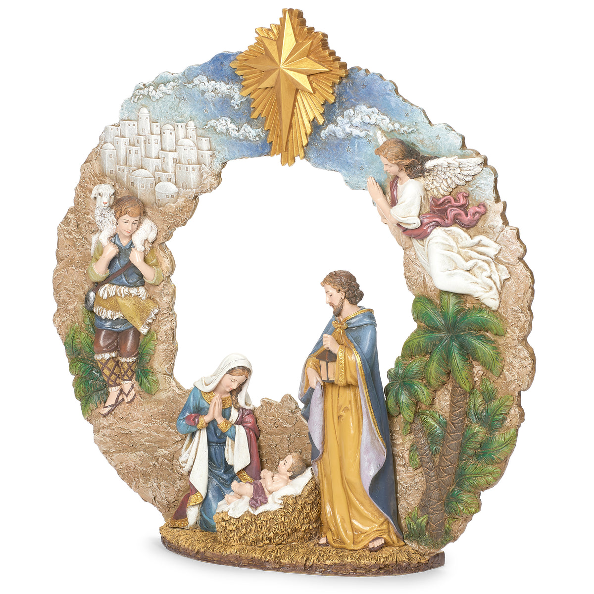 Alternate front view of Joseph's Studio Lighted Nativity Wreath highlighting the Holy Family, angels, palm trees, and celestial details