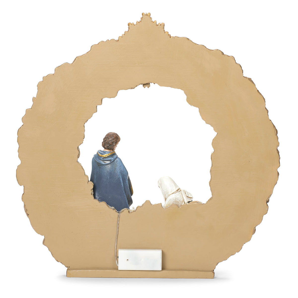 Back view of Joseph's Studio Lighted Nativity Wreath showing the plain circular backing and rear of the sculpted figures