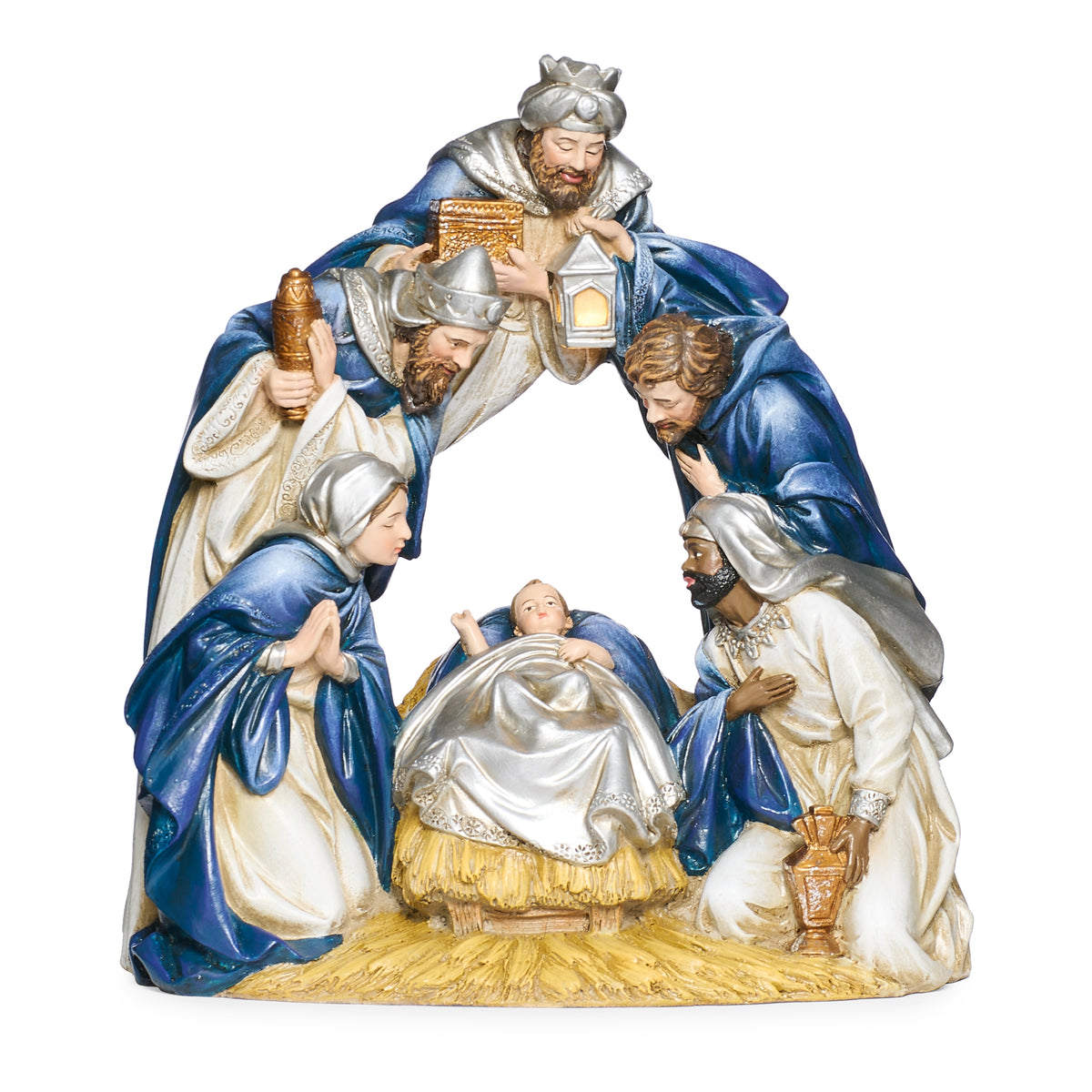 Front view of Joseph's Studio Lighted Nativity Arch Figure showing the Holy Family centered beneath the arch formed by the Three Kings