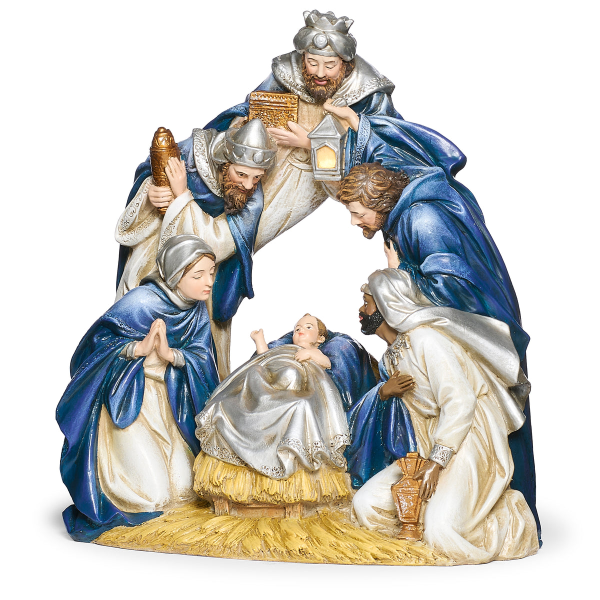 Front angled view of Joseph's Studio Lighted Nativity Arch Figure showing the Holy Family, Three Kings, and illuminated lantern