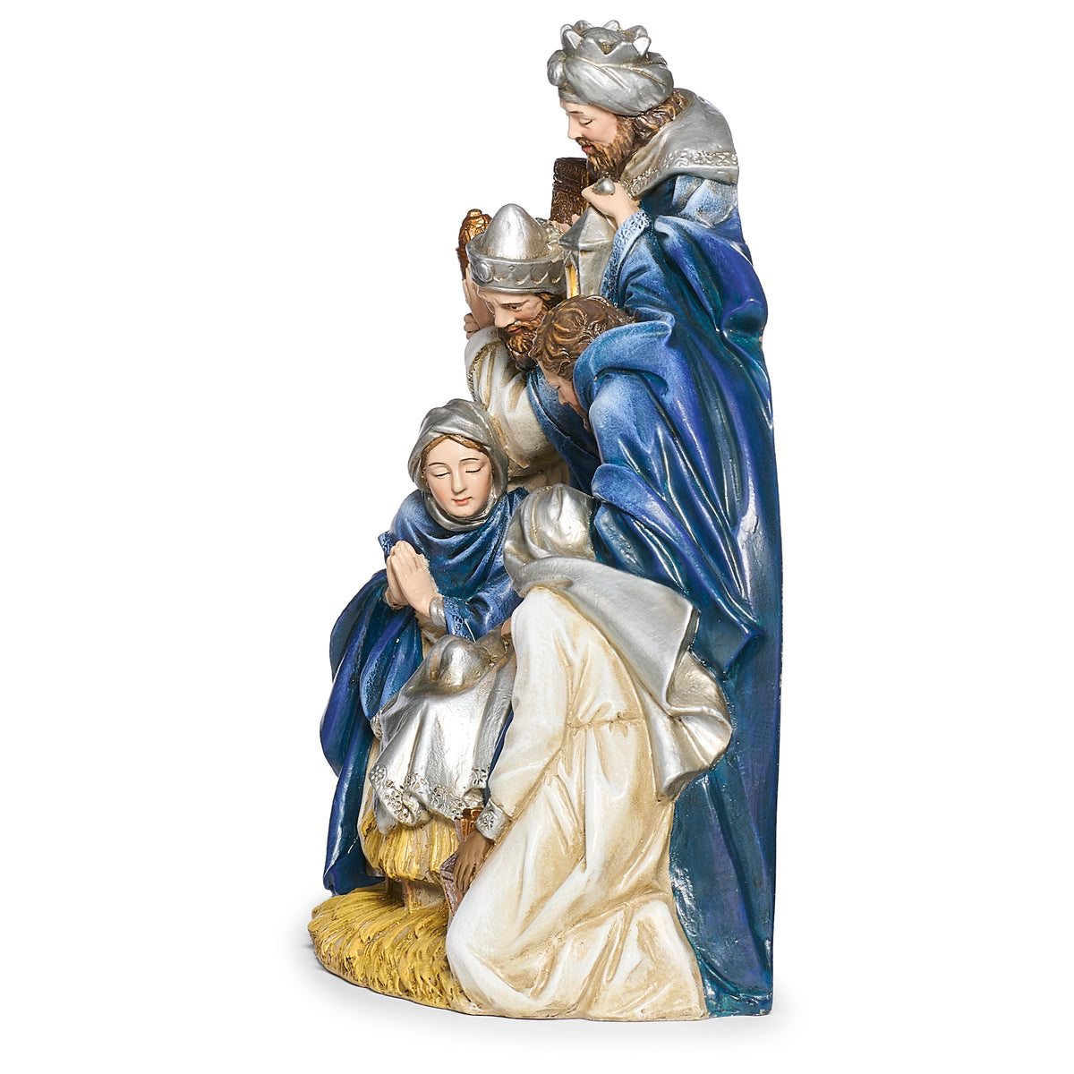Side view of Joseph's Studio Lighted Nativity Arch Figure showing the layered Holy Family and King figures in blue and silver tones