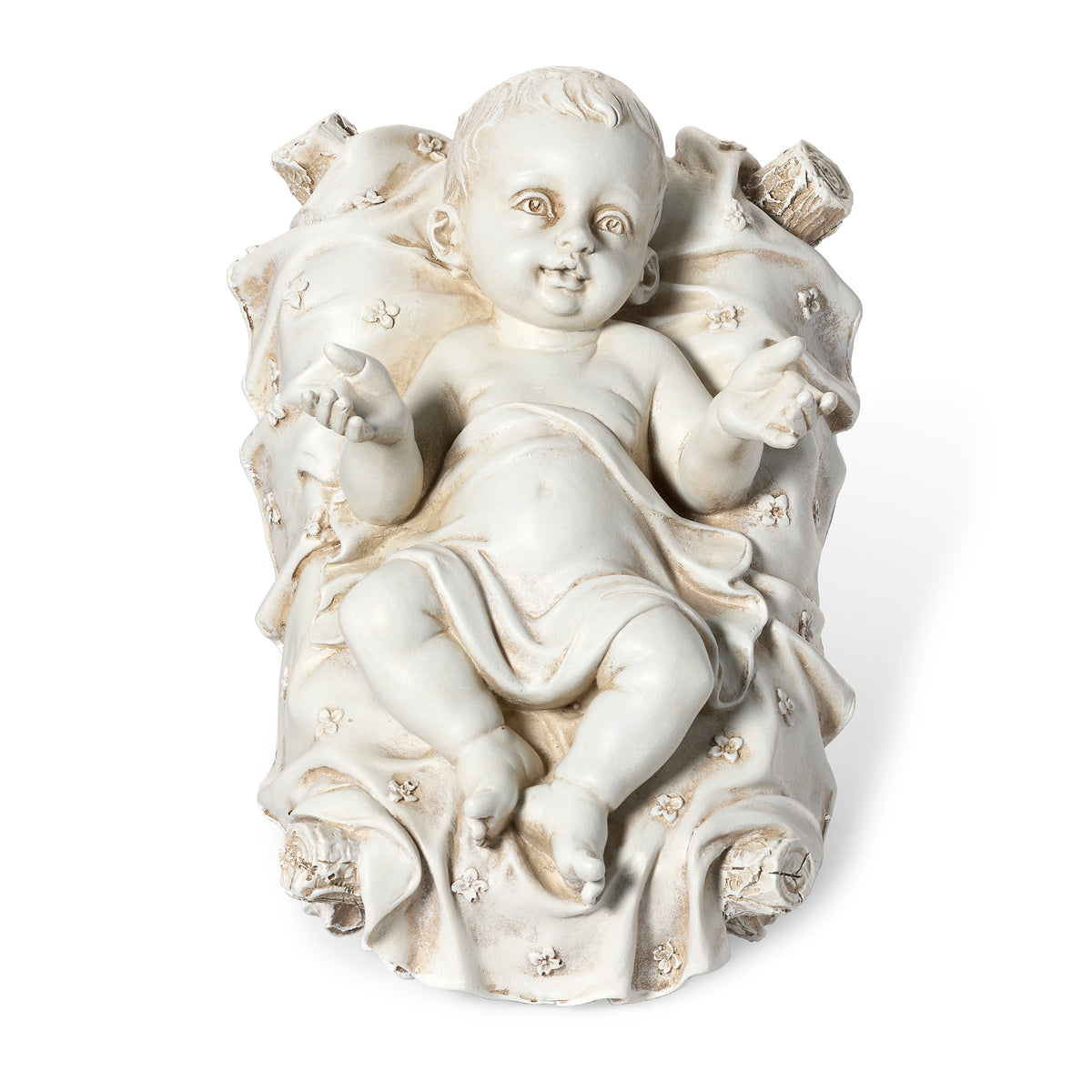 Top angled view of Joseph's Studio Baby Jesus Garden Figure showing the infant Jesus resting among detailed folds of sculpted manger cloth