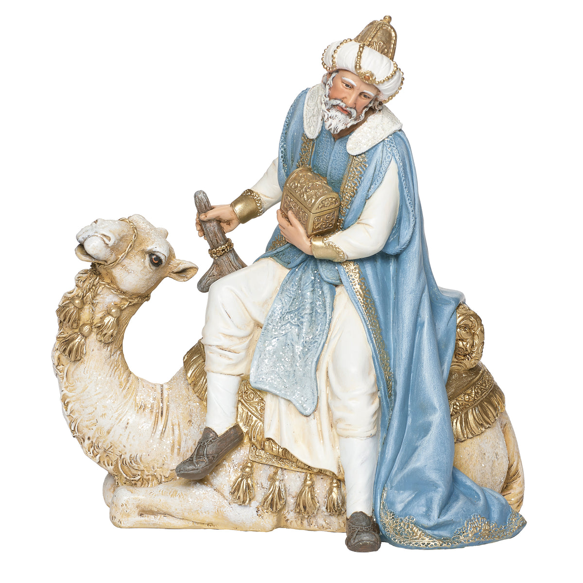 King seated on camel from Joseph’s Studio White & Blue Nativity Set featuring detailed blue, ivory, and champagne accents